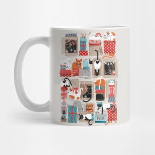 Purfect Christmas gifts // spot // beige background cute cats in cardboard red and teal wrapped boxes and holiday ornaments ribbons balls and lights Mug